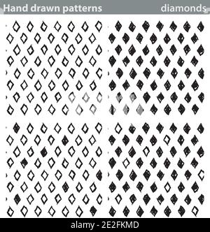 Vier verschiedene nahtlose Muster mit handgezeichneten Diamanten. Stock Vektor