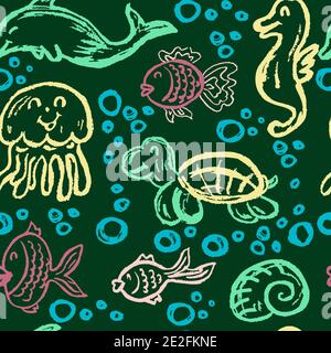Niedliche Kinder nahtlose Zeichnung. Farbige Wachsmalstifte. Symbole, Schilder, Symbole, Stifte. Seeelemente. Fisch Stock Vektor