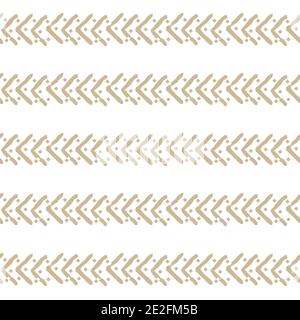 Weiß und beige Nahtloses Wiederholungsrandmuster mit kleinen gezackten Linien und Quadraten, unvollständigen Dreiecken, eckige Klammern Form Stock Vektor