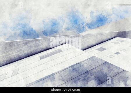 Skizze der architektonischen Details des modernen Gebäudes. Aquarell-Spritzer mit handgezeichneter Skizzendarstellung Stockfoto