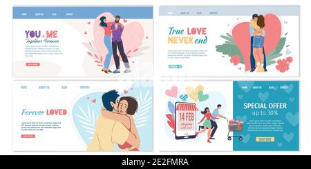 Flache Cartoon-Figuren paar, Valentinstag Online-Landing-Page-Set, Vektor-Illustration-Konzept Stock Vektor
