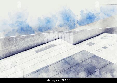Skizze der architektonischen Details des modernen Gebäudes. Aquarell-Spritzer mit handgezeichneter Skizzendarstellung Stockfoto