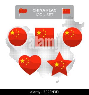 China Flagge Symbole in Form von Quadrat gesetzt, Herz, Kreis, Sterne und Zeiger, Kartenmarkierung. Mosaikkarte von china. Winken im Wind. Chinesische Flagge. Vect Stock Vektor