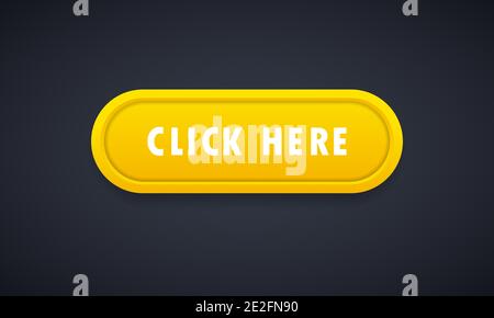 Klicken Sie hier, um die Schaltfläche auf weißem Hintergrund zu sehen. Klicken Sie hier. Vektorwebtaste. Vektor flache Cartoon-Illustration für Websites und Banner-Design Stock Vektor