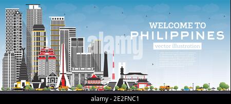 Willkommen in der Skyline von Philippines City mit Grey Buildings und Blue Sky. Vektorgrafik. Konzept mit historischer Architektur. Philippinische Stadtlandschaft. Stock Vektor