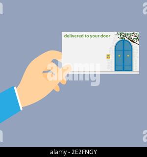 Halten Sie eine Visitenkarte mit dem Text, der an gesendet wird Deine Tür Stock Vektor