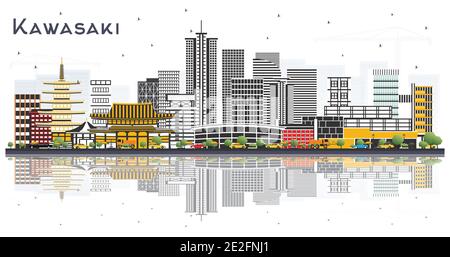 Kawasaki Japan City Skyline mit farbigen Gebäuden und Reflektionen isoliert auf Weiß. Vektorgrafik. Stock Vektor