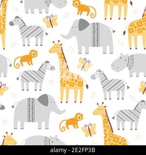 Seamless pattern with cute african zoo animals. Flat and simple design style for baby, children wallpaper, background, fabric illustration. Stock Vektor