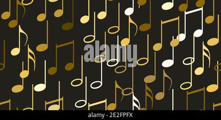 Nahtlos fliegende Noten auf Schwarz. Musikalische Symbole für Banner des Festivals, Print-Design, Melodieaufnahme, Design-Rückenschichten. Bunte musikalische n Stock Vektor