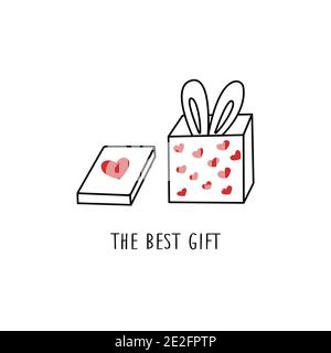 Geschenkschachtel mit Hasenohren, die aus ihm herausragen. Roter Herzdruck. Phrase ist das beste Geschenk. Vektor-Illustration im Doodle-Stil isoliert Handzeichnung. Hap Stock Vektor