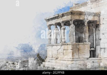 Aquarell Skizze Antike Aufstellungsorte Ruinen des alten Bügels auf Akropolishügel in Athen, Griechenland. Aquarell-Splash mit handgezeichneter Skizzendarstellung Stockfoto