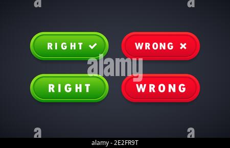 Richtige und falsche grüne und rote Tasten gesetzt. UI, UX Web Elements. Darstellung von rechten oder falschen Symbolen. Verschiedene Variationen von Zecken und Kreuzen repres Stock Vektor