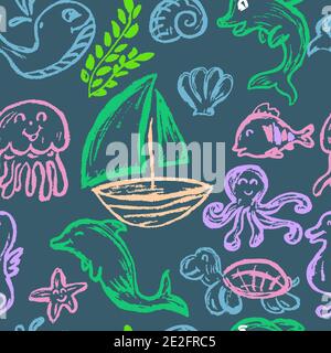 Nahtlose Kinderzeichnung. Farbige Wachsmalstifte. Symbole, Schilder, Symbole, Stifte. Meereselemente. Schiff, Qualle Stock Vektor