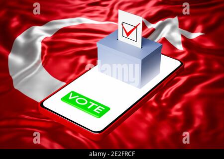 3d-Illustration einer Wahlbox mit einer Plakatwand auf einem Smartphone, mit der Nationalflagge der Türkei im Hintergrund. Online-Abstimmung Konzept, Stockfoto