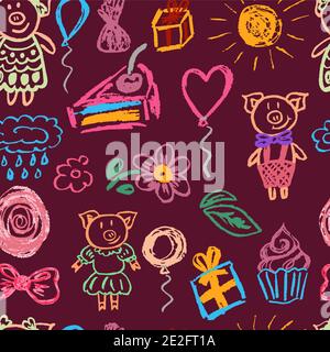 Nahtlose nette Kinderzeichnung. Farbige Wachsmalstifte. Symbole, Schilder, Symbole, Stifte. Kuchen, Cupcake, Ballons Stock Vektor