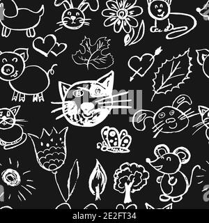 Nahtlose nette Kinderzeichnung. Schwarz und Weiß, Schilder, Symbole, Stifte. Katzen, Hasen, Blumen, Schwein, Maus Stock Vektor