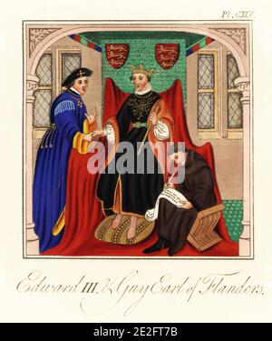 König Edward I. von England bildet eine Allianz mit Guy de Dampierre, Earl of Flanders, 1294. Der König sitzt auf einem Thron mit Blazonen von drei Löwen, trägt eine Dalmatica und Krone, und hält ein Zepter. Ein Schreiber sitzt auf einem Hocker zu seinen Füßen schreibt auf Pergament mit einem Federkiel. (Fälschlicherweise als Edward III. Bezeichnet) Aus Baumwolle MS Nero E ii, Les Grandes Chroniques de France, 15. Jahrhundert. Handkolorierter Stich von Joseph Strutt aus seiner vollständigen Ansicht des Kleides und der Gewohnheiten der Menschen von England, Henry Bohn, London, 1842. Stockfoto