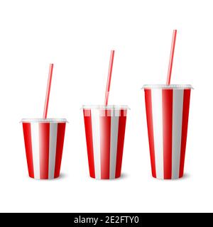 Vector 3d realistische rote gestreifte Papier Einweg-Cup-Set, Deckel, Stroh. Getränke, Getränke, Kaffee, Soda, Tee, Cocktail, Milchshake. Designvorlage von Stock Vektor