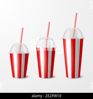 Vector 3d realistische rote gestreifte Papier Einweg-Cup-Set, Deckel, Stroh. Getränke, Getränke, Kaffee, Soda, Tee, Cocktail, Milchshake. Designvorlage von Stock Vektor