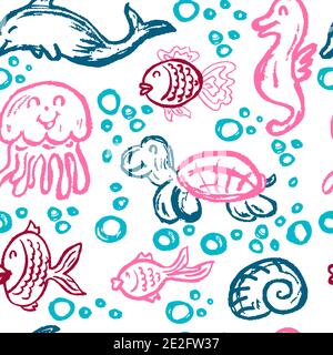 Nahtlose nette Kinderzeichnung. Wachsmalstifte. Symbole, Schilder, Symbole, Stifte. Seeelemente. Fisch, Quallen, Schildkröte, Seepferdchen Stock Vektor