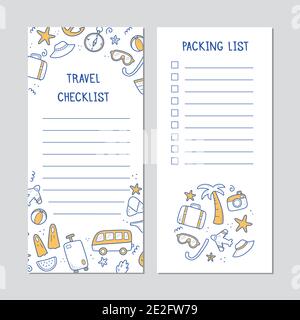 Handgezeichnete Checkliste der Reise Sommerferien Elemente, Gepäck, Karte, Koffer, Seestern. Doodle-Skizzenstil. Mit digitalem Stift gezeichnetes Reiseelement. Abbildung für Vorlage für die Verpackungslistenkarte. Stock Vektor