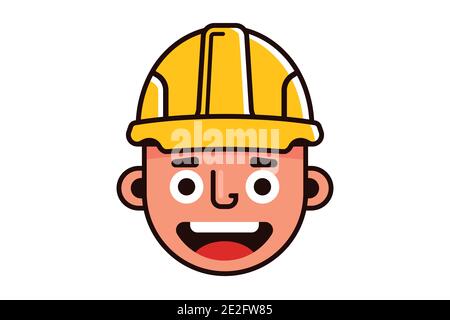 Kopf eines fröhlichen Baumeisters in einem gelben Helm. Flache Zeichen Vektor-Illustration isoliert auf weißem Hintergrund. Stock Vektor