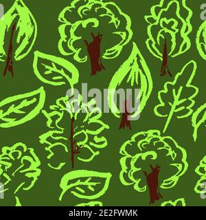 Nahtlose nette Kinderzeichnung. Wachsmalstifte. Symbole, Schilder, Symbole, Stifte. Elemente für Design. Grüne Bäume Stock Vektor