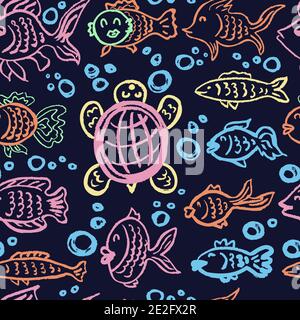 Nahtlose nette Kinderzeichnung. Farbige Wachsmalstifte. Symbole, Schilder, Symbole, Stifte. Unterwasserwelt. Fisch, Schildkröte Stock Vektor