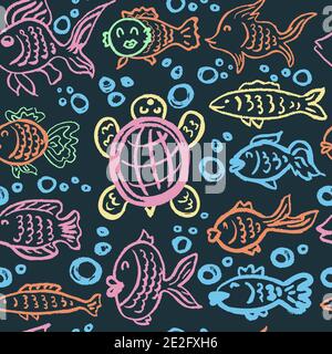 Nahtlose Kinderzeichnung. Farbige Wachsmalstifte. Symbole, Schilder, Symbole, Stifte. Unterwasserwelt. Fisch, Schildkröte Stock Vektor