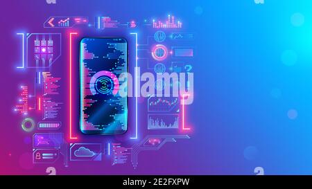 Mobile application development technology concept. Coding, programming apps for smartphones and mobile devices. Engineering or build of user interface Stock Vektor