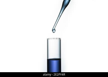 Pipettierspitze, die dunkelblaue Flüssigkeit in ein Reagenzglas tropft Isoliert auf weißem Hintergrund Stockfoto