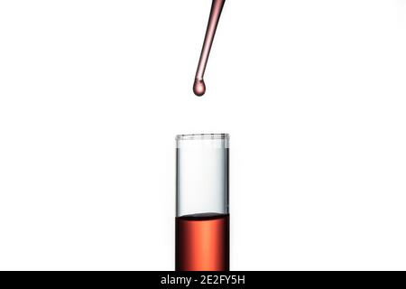 Pipettierspitze, die rote Flüssigkeit in ein isoliertes Reagenzglas tropft Auf weißem Hintergrund Stockfoto