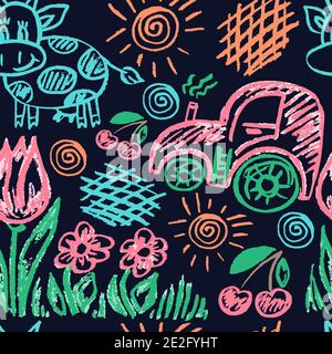Nahtlose nette Kinderzeichnung. Farbige Wachsmalstifte. Symbole, Schilder, Symbole, Stifte. Traktor, Kuh, Blumen, Kirsche Stock Vektor