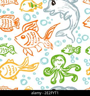 Nahtlose nette Kinderzeichnung. Wachsmalstifte. Symbole, Schilder, Symbole, Stifte. Seeelemente. Fisch, Delphin, Krake Stock Vektor