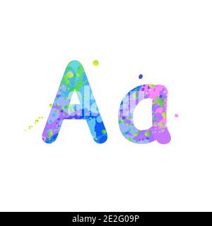 Buchstaben EIN Groß- und Kleinbuchstaben mit Wirkung von flüssigen Farbflecken in blauen, grünen, rosa Farben, isoliert auf weißem Hintergrund. Dekorationselement für die Gestaltung eines Flyers, Plakats, Deckblattes, Titels. Vektor Stock Vektor