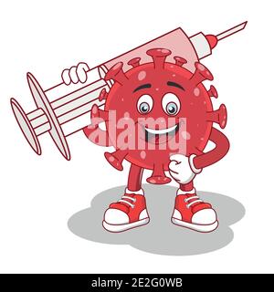 Lustige rote Coronavirus covid-19 hält Medizin Spritze mit Impfstoff. Stock Vektor