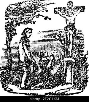 Mann und Frau beten zu Jesus Christus und knien vor dem Kreuz draußen in der Natur.Antike Vintage biblische christliche religiöse Gravur oder Zeichnung. Stock Vektor