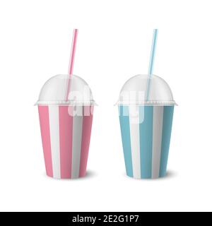Vector 3d realistische gestreifte weiße Papier Einweg-Becher-Set mit Deckel, Stroh für Getränke, Getränke isoliert. Kaffee, Soda, Tee, Cocktail, Milchshake Stock Vektor