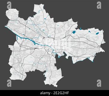 Glasgow-Karte. Detaillierte Karte des Verwaltungsgebiets der Stadt Glasgow. Stadtbild-Panorama. Lizenzfreie Vektorgrafik. Übersichtskarte mit Autobahnen, Straße Stock Vektor