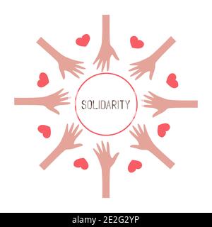 Die Hände der Menschen sind in einem Kreis mit den Herzen vereint. Internationaler Tag der menschlichen Solidarität. Sozialer Zusammenhalt. Einander durch Liebe unterstützen. Farbe Stock Vektor