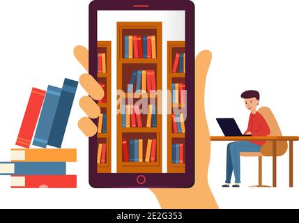 Online-Bibliothek mit E-Books. Hand hält ein Handy oder Tablet mit Bücherregalen innen. Ein Mann und ein Mädchen lesen Bücher. Vektor-Illustration in moderner Wohnung Stock Vektor