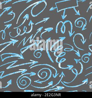 Nahtlose Zeichnung. Farbige Wachsmalstifte. Symbole, Zeichen, Symbole. Elemente für Design. Pfeile, Doodle, Locken Stock Vektor