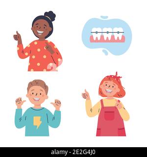 Trendige Kinder mit Zahnspangen.Zahnpflege Stock Vektor