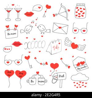 Set von Elementen für Valentinstag. Auf dem Kalender Februar 14, Pfeile der Liebe, Schlüssel mit Herz, Ballons, Brief und Lippen, singende Vögel, Post mit e Stock Vektor