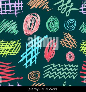Nahtlose nette Kinderzeichnung. Farbige Wachsmalstifte. Symbole, Schilder, Stifte. Doodle, Skizze, Umriss. Scribble Stock Vektor