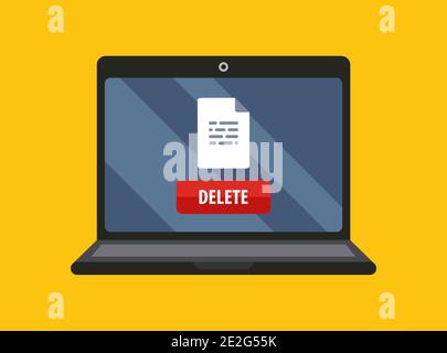 Das Dokument wird auf dem Laptop-Bildschirm gelöscht. Rote Taste Datei löschen. Flache Vektordarstellung. Stock Vektor