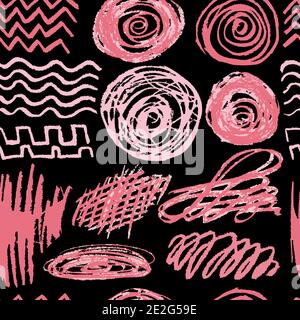 Nahtlose Zeichnung. Farbige Wachsmalstifte auf schwarzem Hintergrund. Symbole. Doodle, Skizze, Umriss. Scribble Stock Vektor