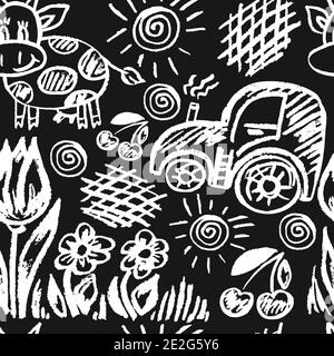 Nahtlose nette Kinderzeichnung. Schwarz und Weiß. Symbole, Schilder, Symbole, Stifte. Traktor, Kuh, Blumen, Kirsche Stock Vektor