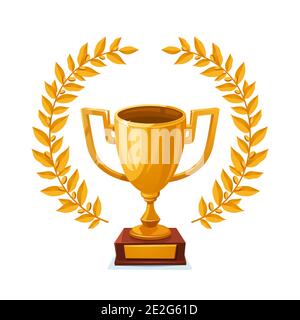 Goldene Trophäenschale. Erster Platz Gewinner Auszeichnung mit Lorbeerkranz. Goldkelch. vektorgrafik Stock Vektor