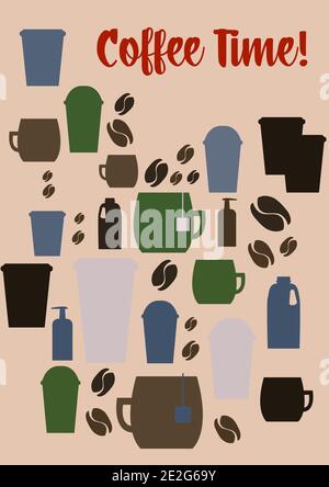 Kaffeezeit! Vektor-Zeichnung umgewandelt in jpg von verschiedenen Tasse und Tassen mit Milchbox und Aroma-Pumpe. Schöne Cafedekoration und Menü mit Bevareges Stockfoto